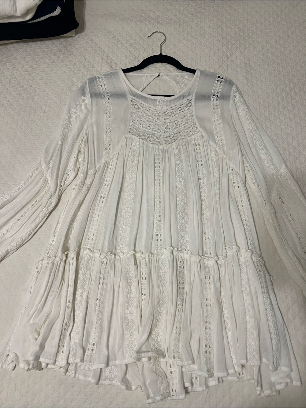 Free People White Lace-Trim Long Sleeve Boho Tunic Top - M